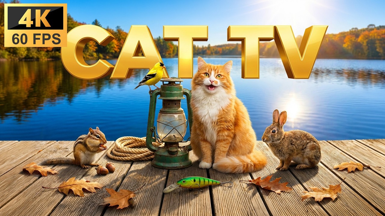 Cat TV 8 Hours 🍂 Autumn Dock Picnic: Chipmunks, Rabbit & Goldfinch