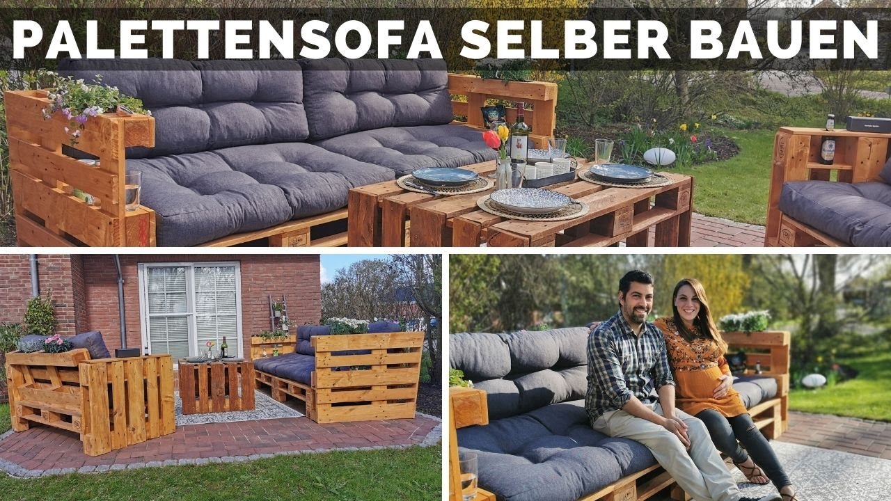 Palettensofa selber bauen - Palettenlounge mit schräger Lehne & Ablageflächen mit Palettenkissen