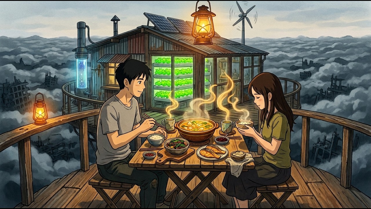 Apocalypse Treehouse at Dawn ☁️ Rooftop Foraging & Wild Garlic Soup | Ghibli-Style ASMR