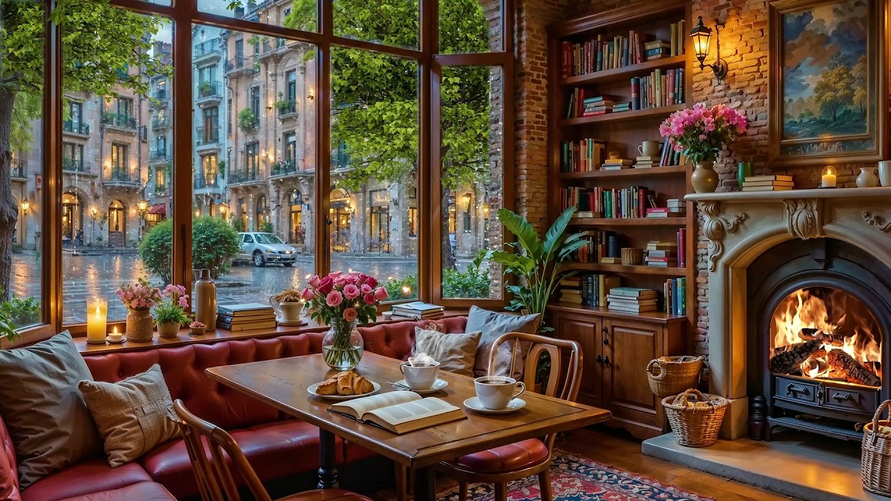 Soft Spring Rainy Morning Caf&eacute; Ambience☕Smooth Jazz Piano & Crackling Fireplace Sounds for Relax