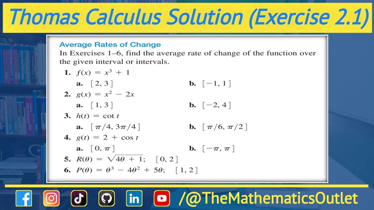 Thomas calculus exercise 2.1 Q1 to Q6 | Average rate of change of a function from x1 to x2 || Lec 1