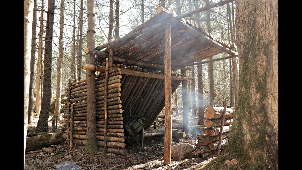 Solo Bushcraft Overnight in my Semi Permanent Bush Shelter, Fire Inside, Building the Front Wall.
