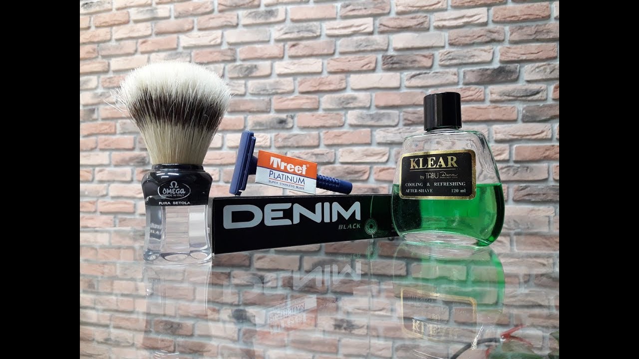 Бритьё. Пластиковый Т станок, Treet, Denim Black shaving cream, Omega 81064, Klear after shave