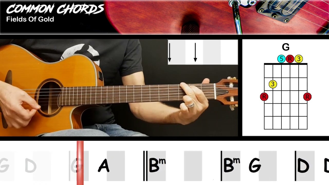 Fields Of Gold - Sting | EASY GUITAR LESSON | Scrolling Chords & Lyrics