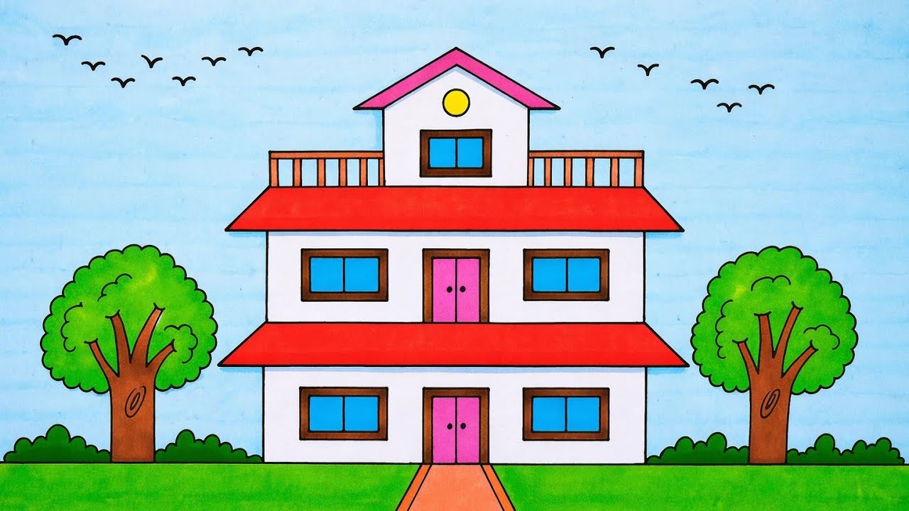 Easy beautiful house drawing/ How A draw beautiful scenery  घर का चित्र बनाना सीखे आसान तरीके से