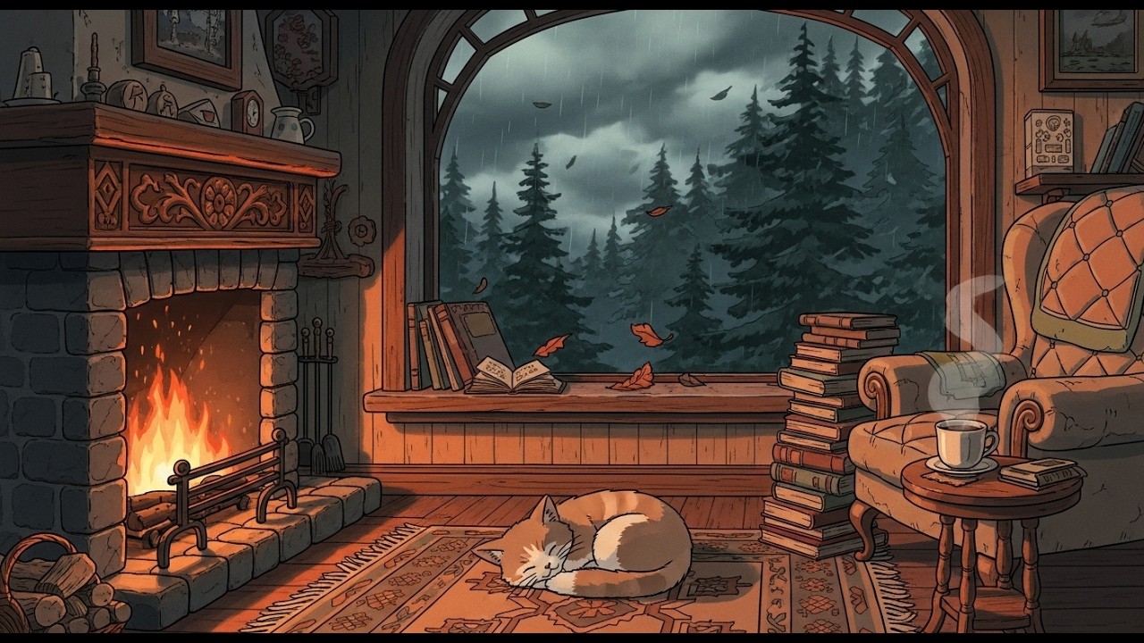 Cozy Fireplace Cabin at Night 🌧️ Calm Lofi Beats for Sleep & Focus