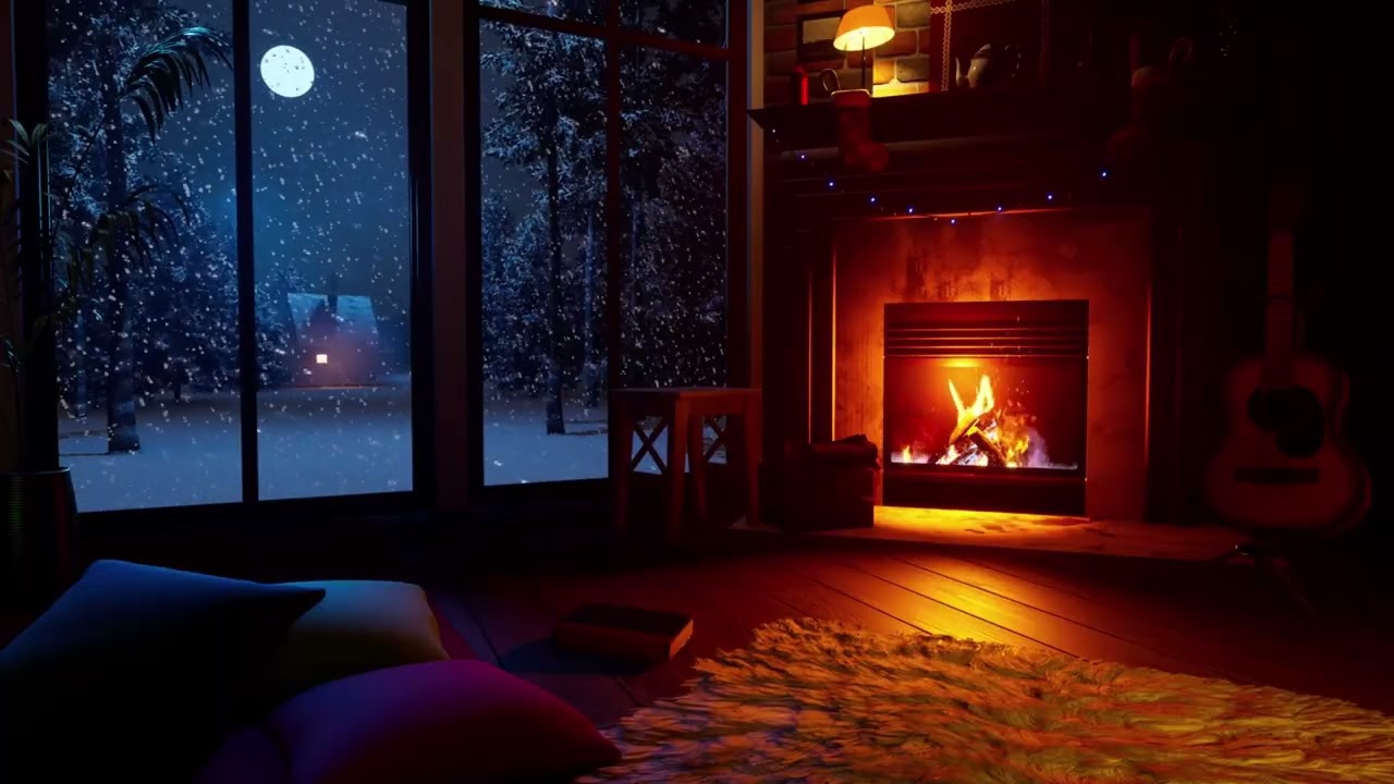 🔥 Cozy Winter Night by the Fireplace ❄️ Snow Falling Under the Moon 🌙 4K Relaxing Ambience