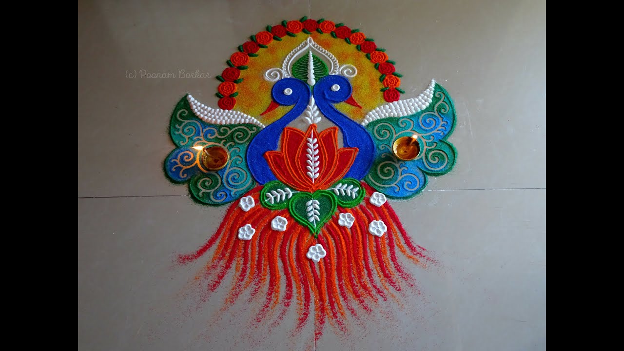 Twin peacock rangoli | Innovative and unique peacock rangoli for festivals