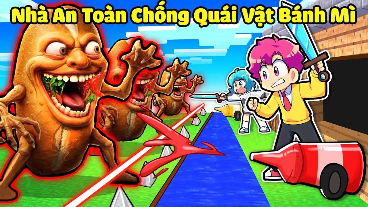 HIHA THỬ THÁCH 24H XÂY NHÀ AN TOÀN CHỐNG LẠI QUÁI VẬT BÁNH MÌ TRONG MINECRAFT*NHÀ AN TOÀN HIHA 🤣😎