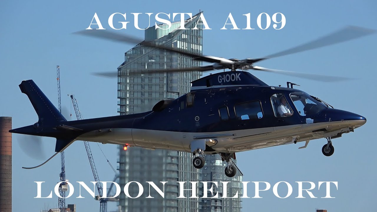 Agusta A109 landing, engine start and takeoff from London Heliport G-IOOK