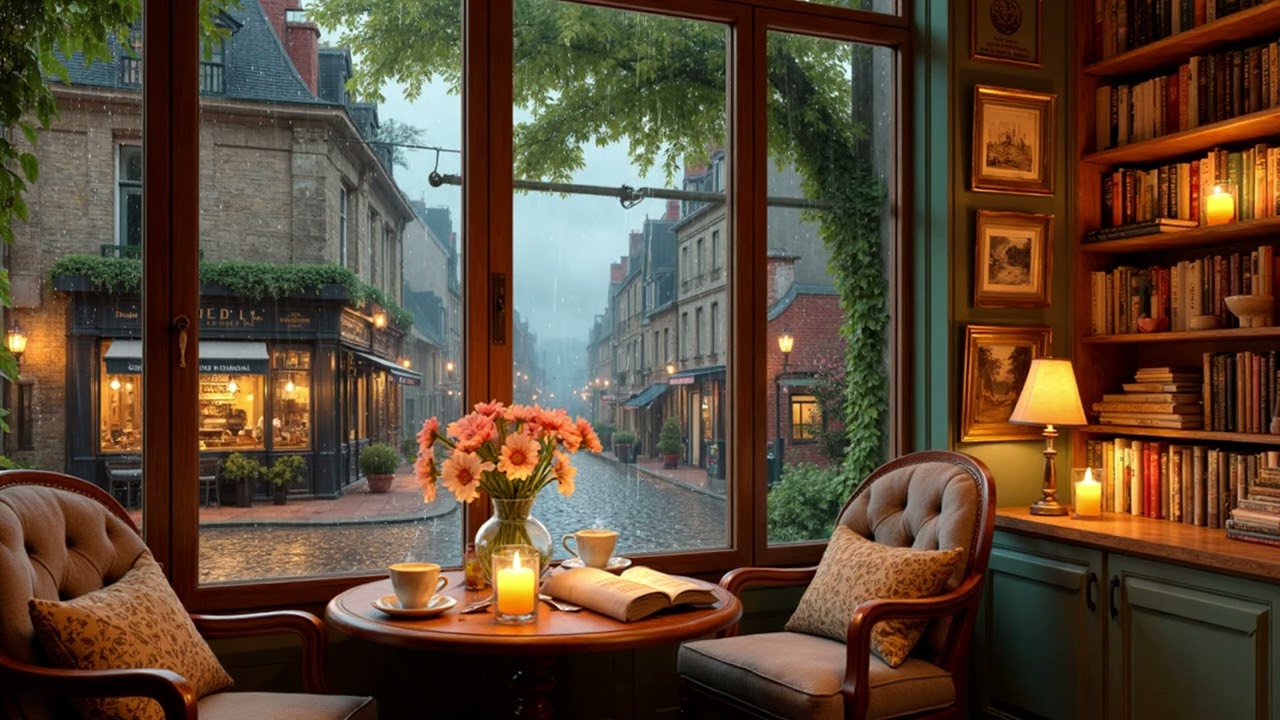 Cozy Rainy Street Café Jazz ☕🌧️ Warm Piano Melodies with Fireplace Sounds to Unwind