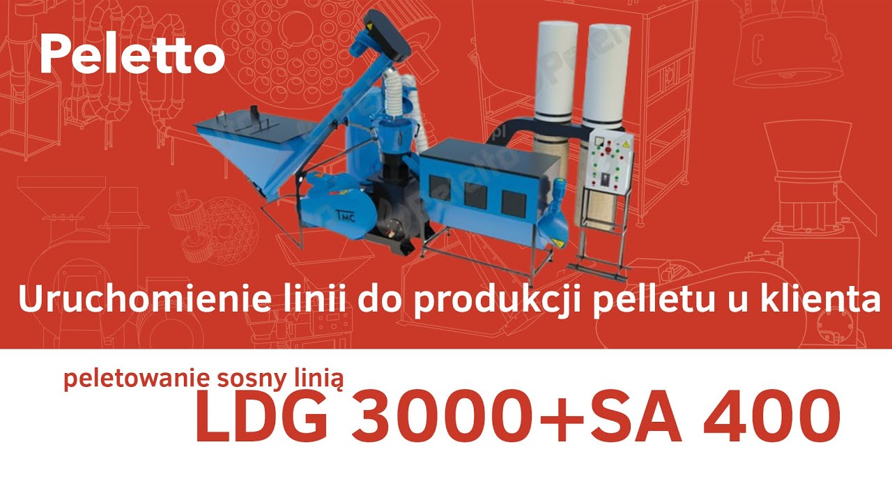 Produkcja pelletu z sosny, linia LDG-3000 z podłączoną suszarnią SA-400 26kW zmontowana u klienta