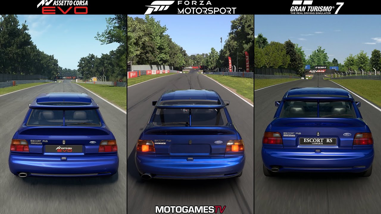 Assetto Corsa EVO vs Forza Motorsport vs Gran Turismo 7 - Ford Escort RS Cosworth at Brands Hatch