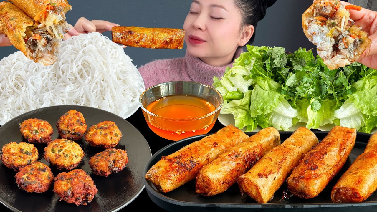 ASMR MUKBANG PORK MEATBALLS, SEAFOOD SPRING ROLLS | COOKING & EATING SOUNDS