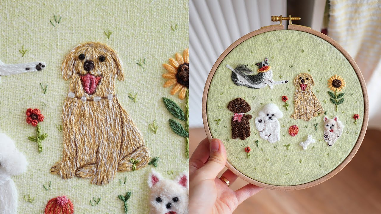 SUB) 골든 리트리버 프랑스 자수, 털북숭이 강아지 친구들 Golden Retriever Hand Embroidery, Happy Puppy Series