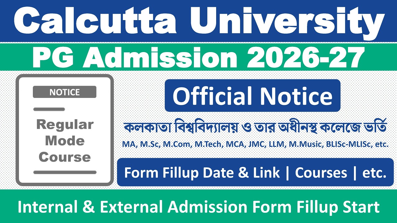 Calcutta University PG Admission 2026-2027: MA/M.Sc/M.Com/M.Tech/MCA/JMC/LLM/M.Music/ BLISc-MLISc
