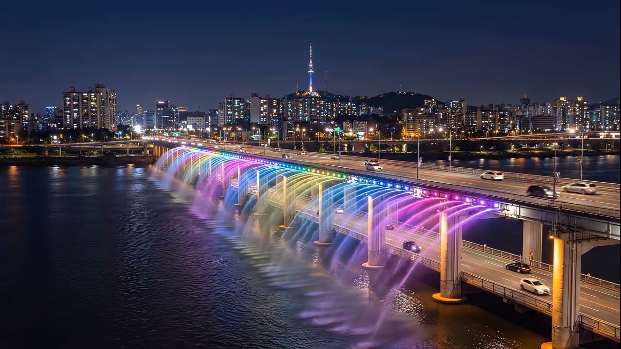 Moonlight Rainbow Fountain, Banpo Bridge Seoul | Relaxing AI Landscape & Music