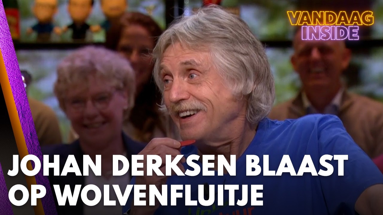 Johan Derksen (in t-shirt) blaast op wolvenfluitje: 'Zijn er ook fluitjes waarvan je vrouw weggaat?'