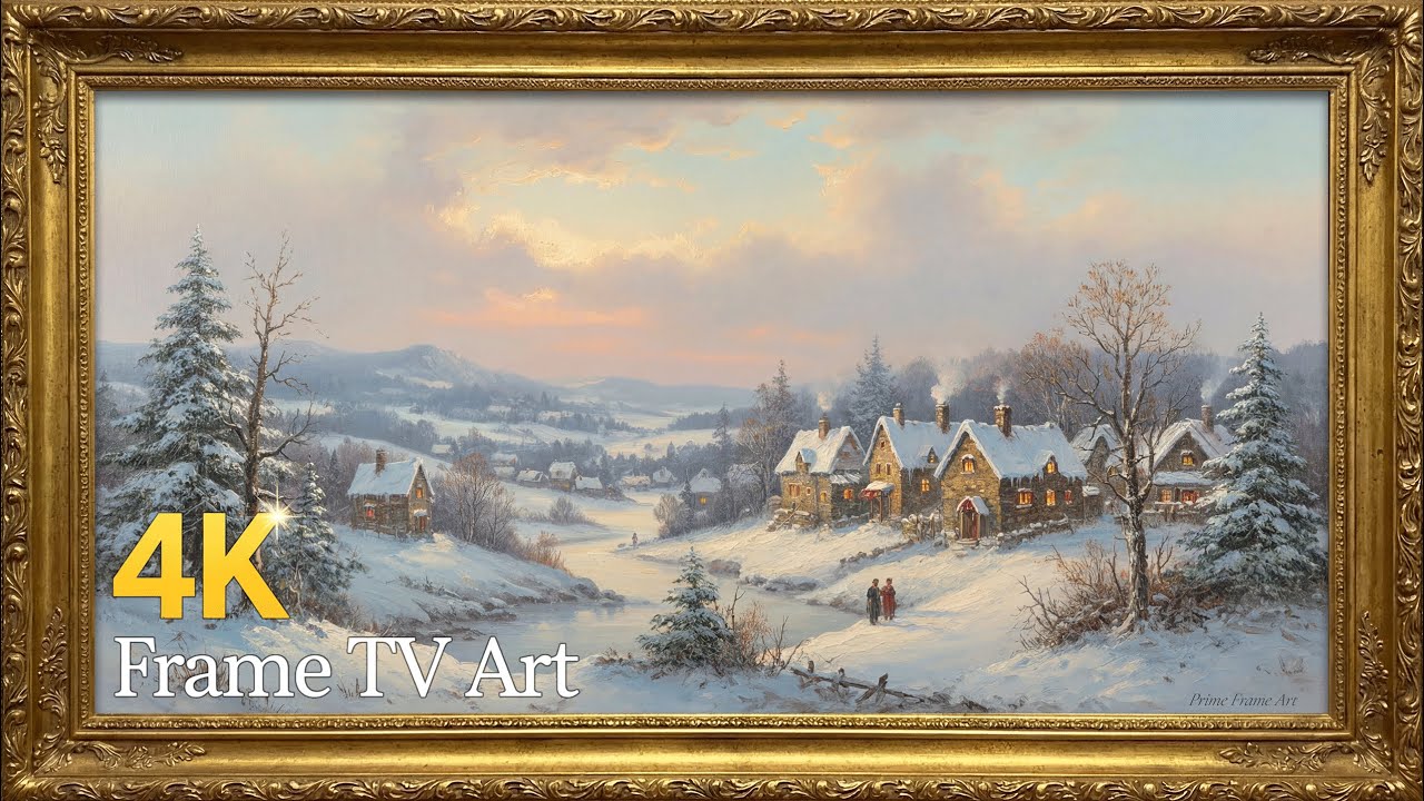Peaceful Winter Village at Dawn | Gold Frame TV Art Screensaver | 2 Hours