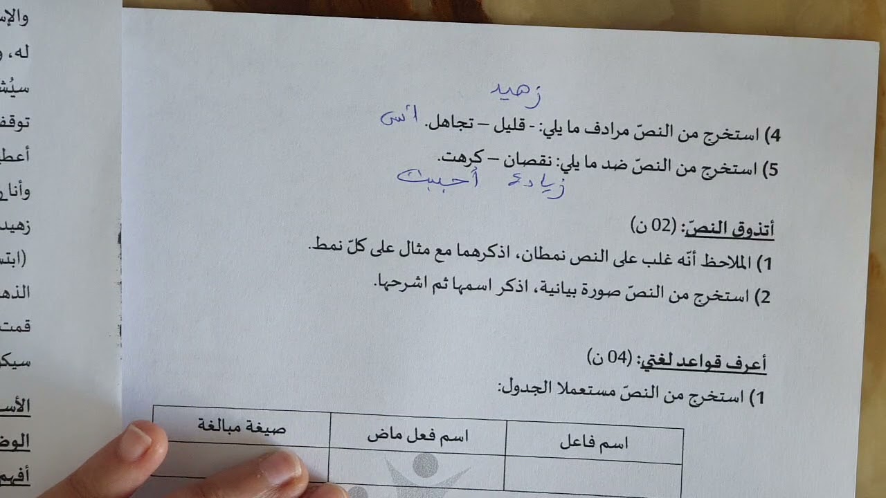 اختبار الفصل الأول لغة عربية سنة ثالثة متوسط