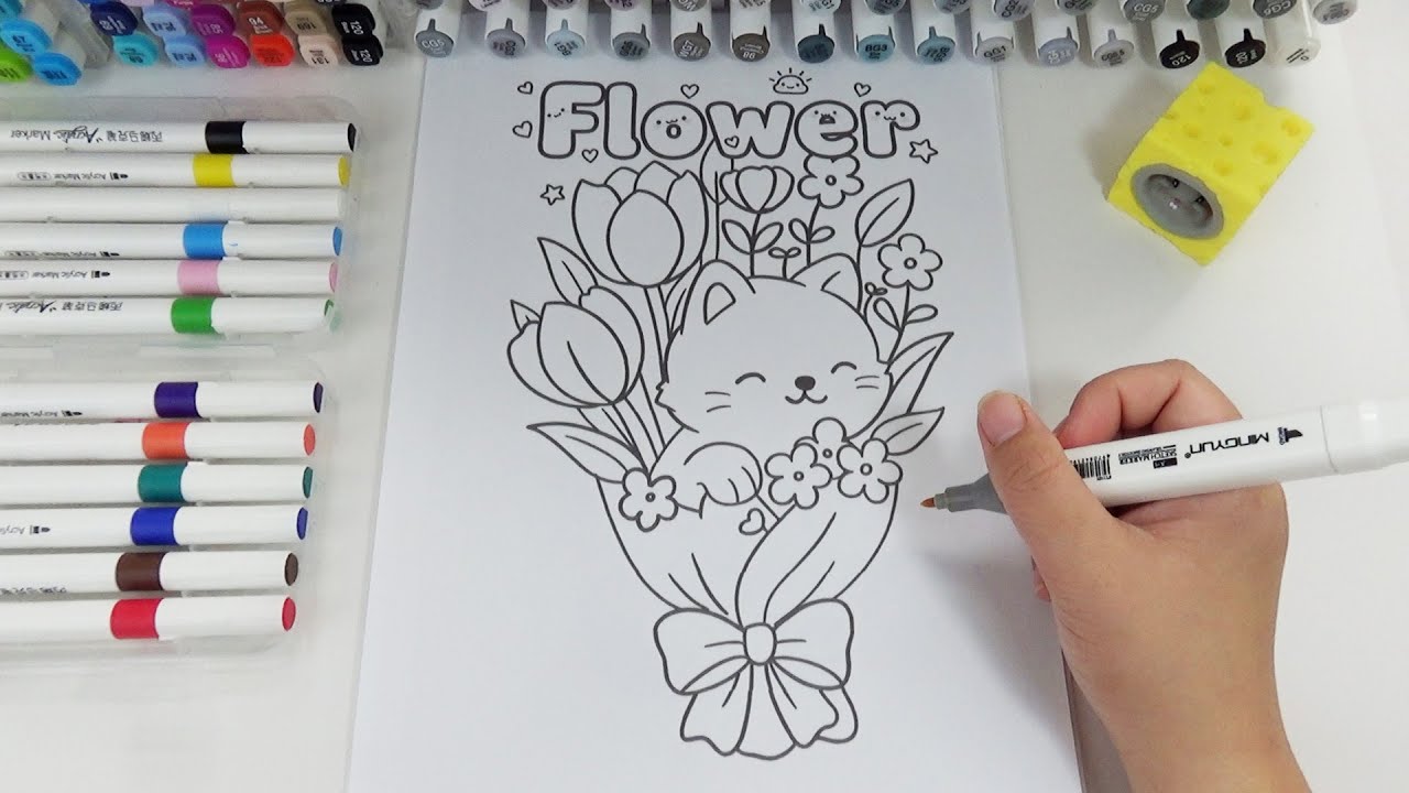 Satisfying Coloring with Markers | Cute Cat & Flowers 🐱🌷