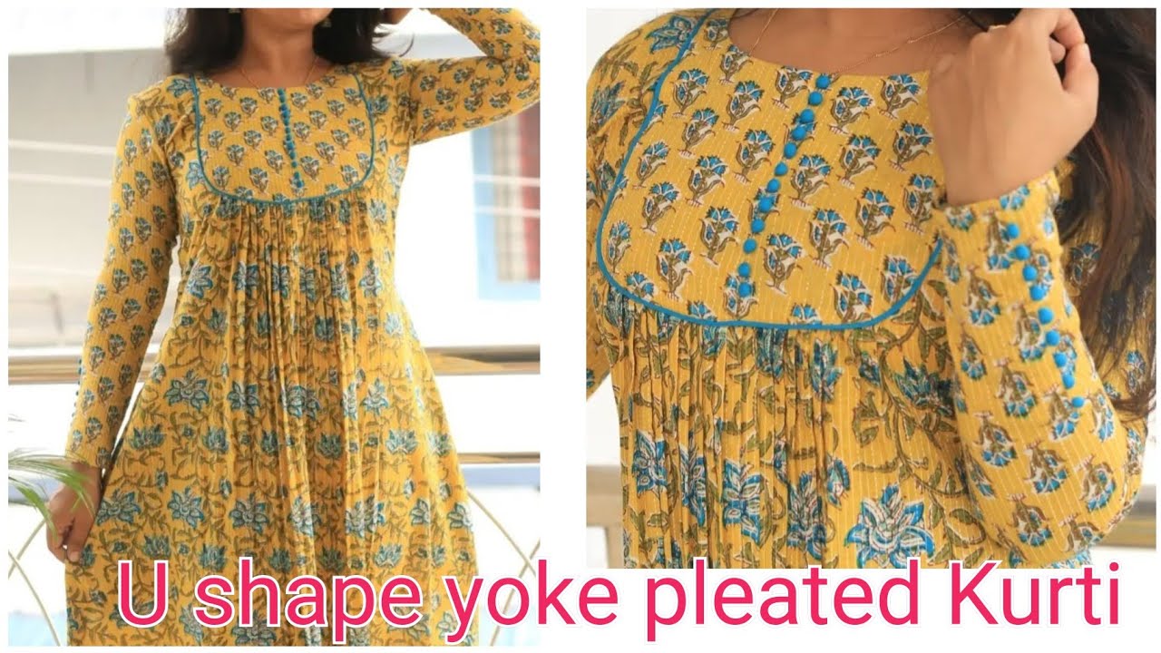 U shape yoke pleated Kurti with potli button/Yoke pleated Kurti cutting and stitching