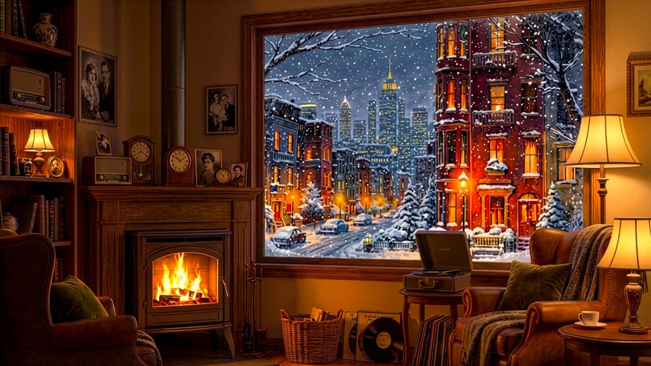 silent night in the 1950s paris | oldies playing in another room (crackling fireplace & blizzard)