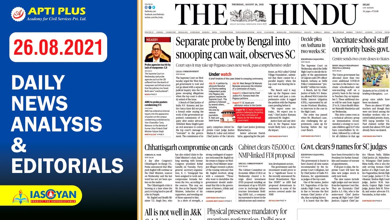 DAILY NEWS ANALYSIS II 26 AUGUST 2021 II { Centre raises fair price of sugar cane }