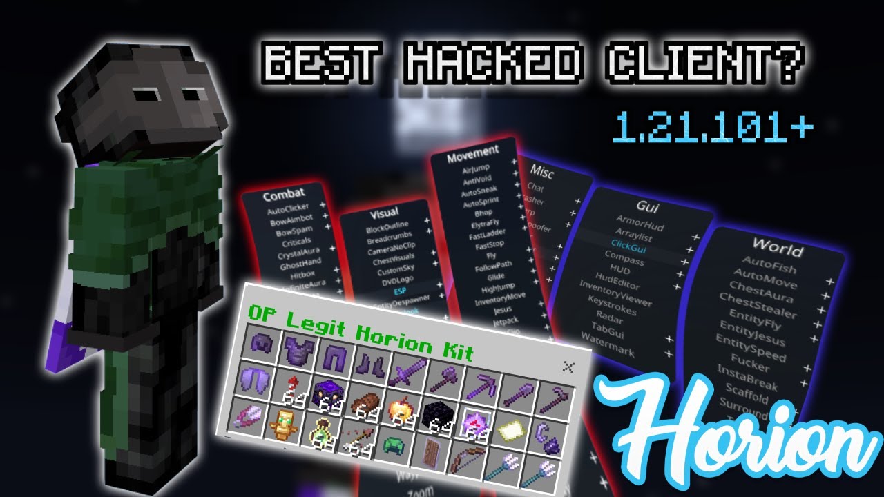 Скачайте взломанный клиент HORION MCBE/MINECRAFT BEDROCK версии 1.21.101! Лучший взломанный клиен...