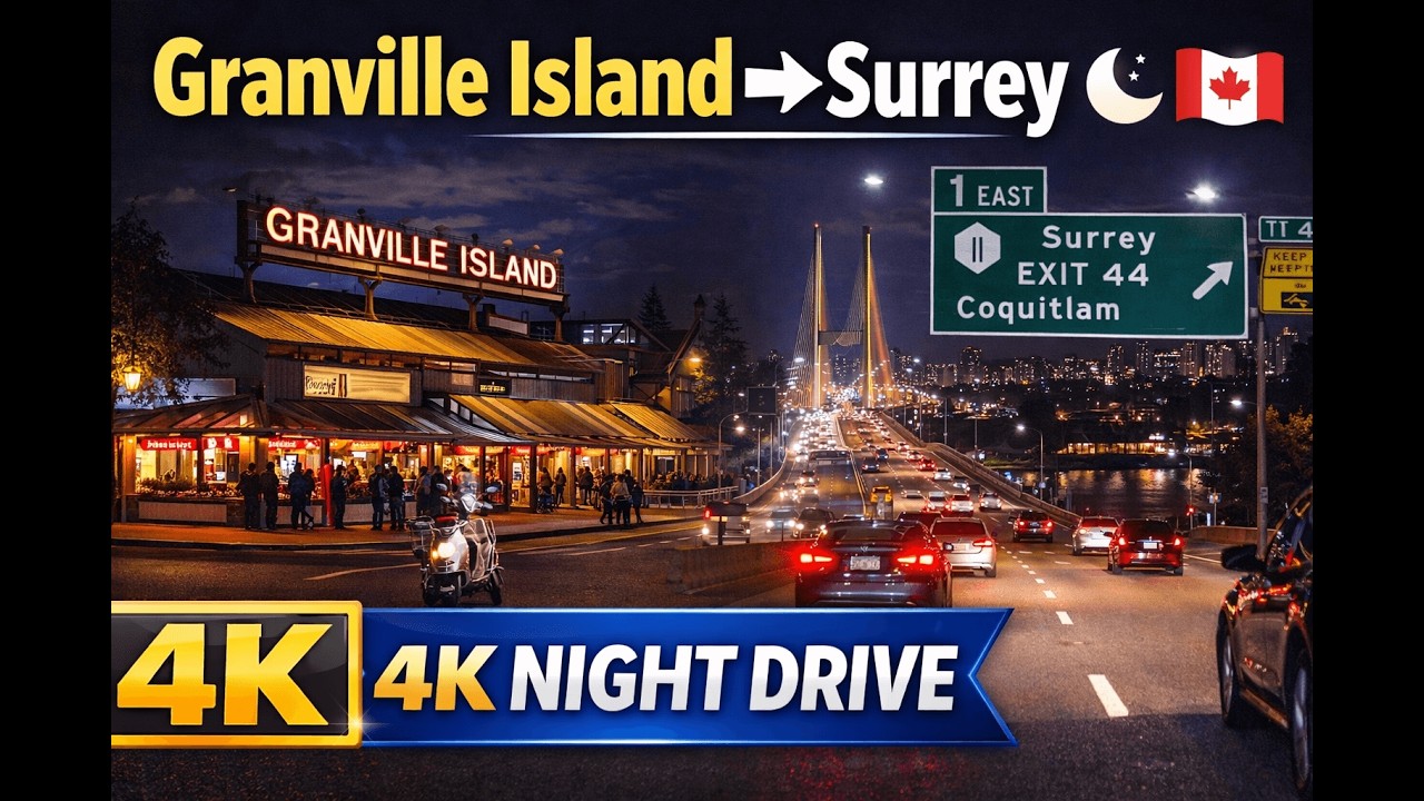 City Lights Night Drive | Granville Island → Surrey 4K