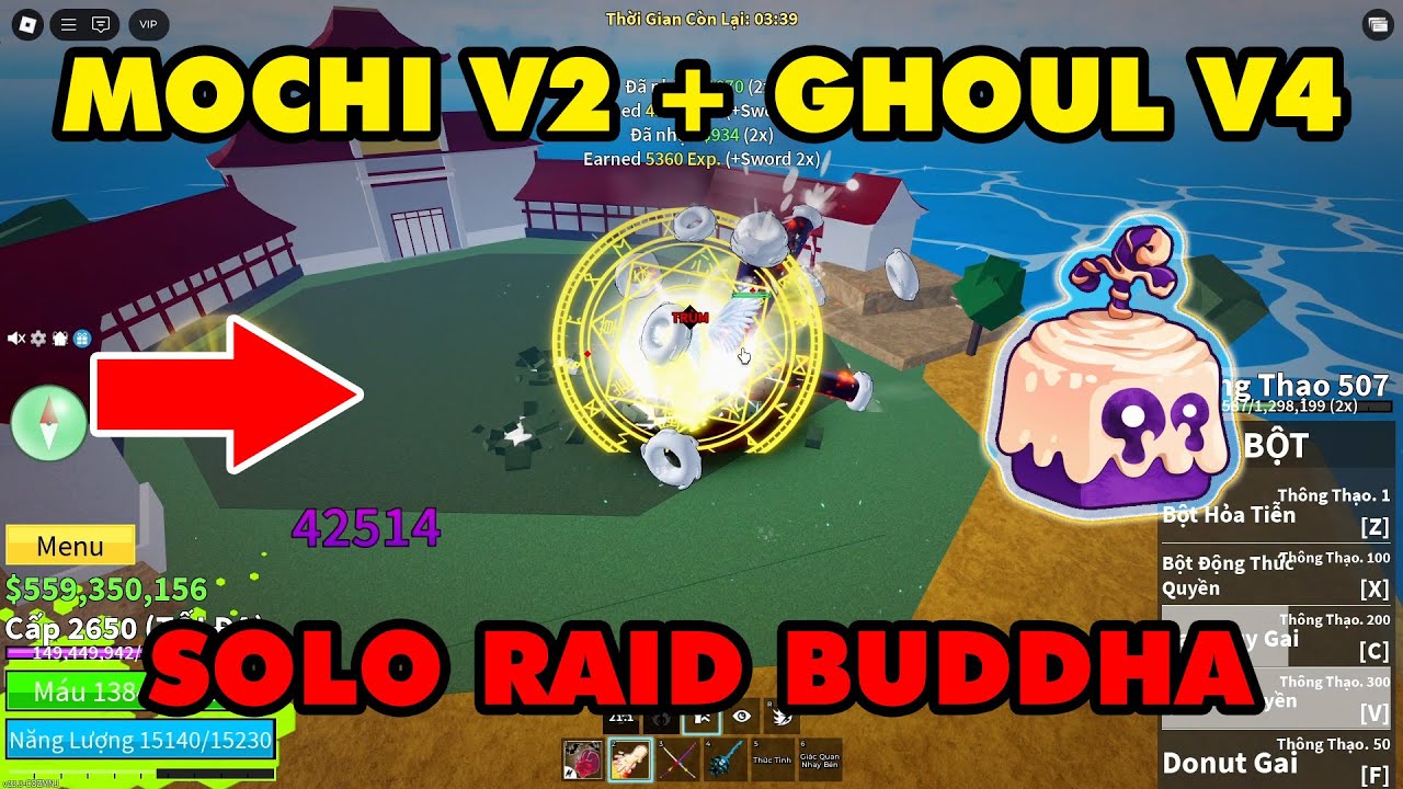 Solo Raid Buddha Với Trái Mochi V2 + Ghoul V4 || Blox Fruits!