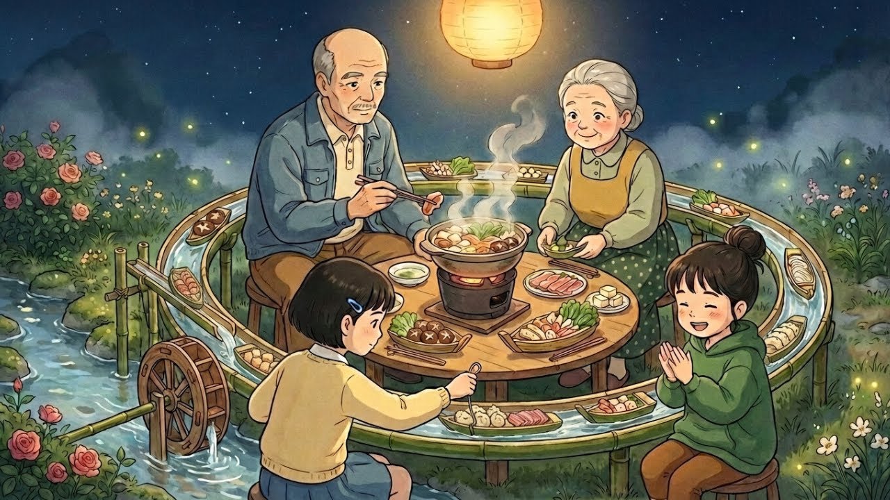 Slow Evening by the Stream — Waterwheel Hotpot Conveyor & Cozy Family Routine | Ghibli-Style ASMR