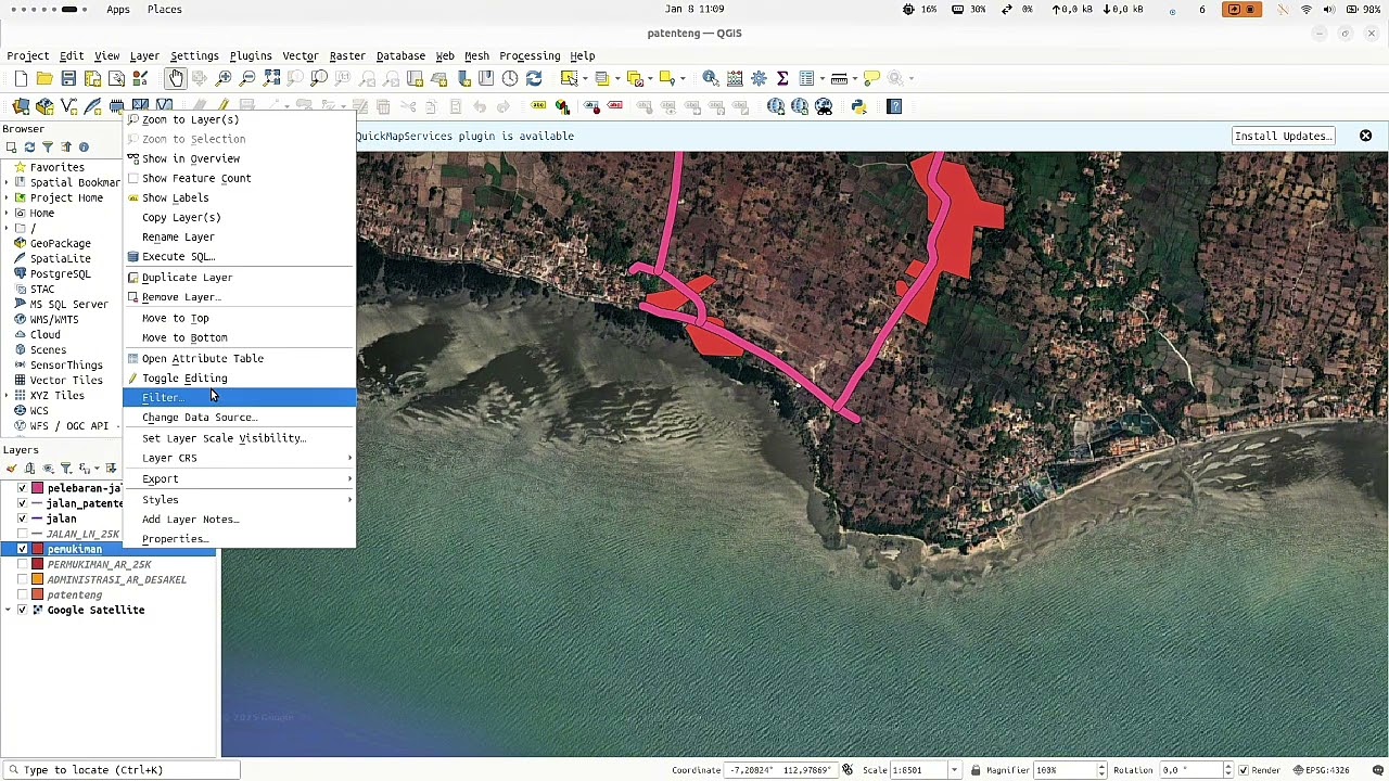 Tugas UAS sistem informasi geografis, membuat batas wilayah desa, clipped, buffer, luas dan layout.