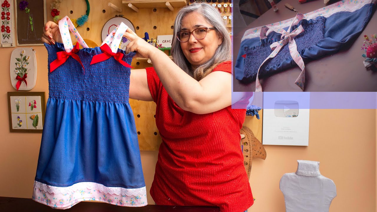 vestido fruncido con hilo elástico para niñas/sin moldes/Medidas para cualquier talla