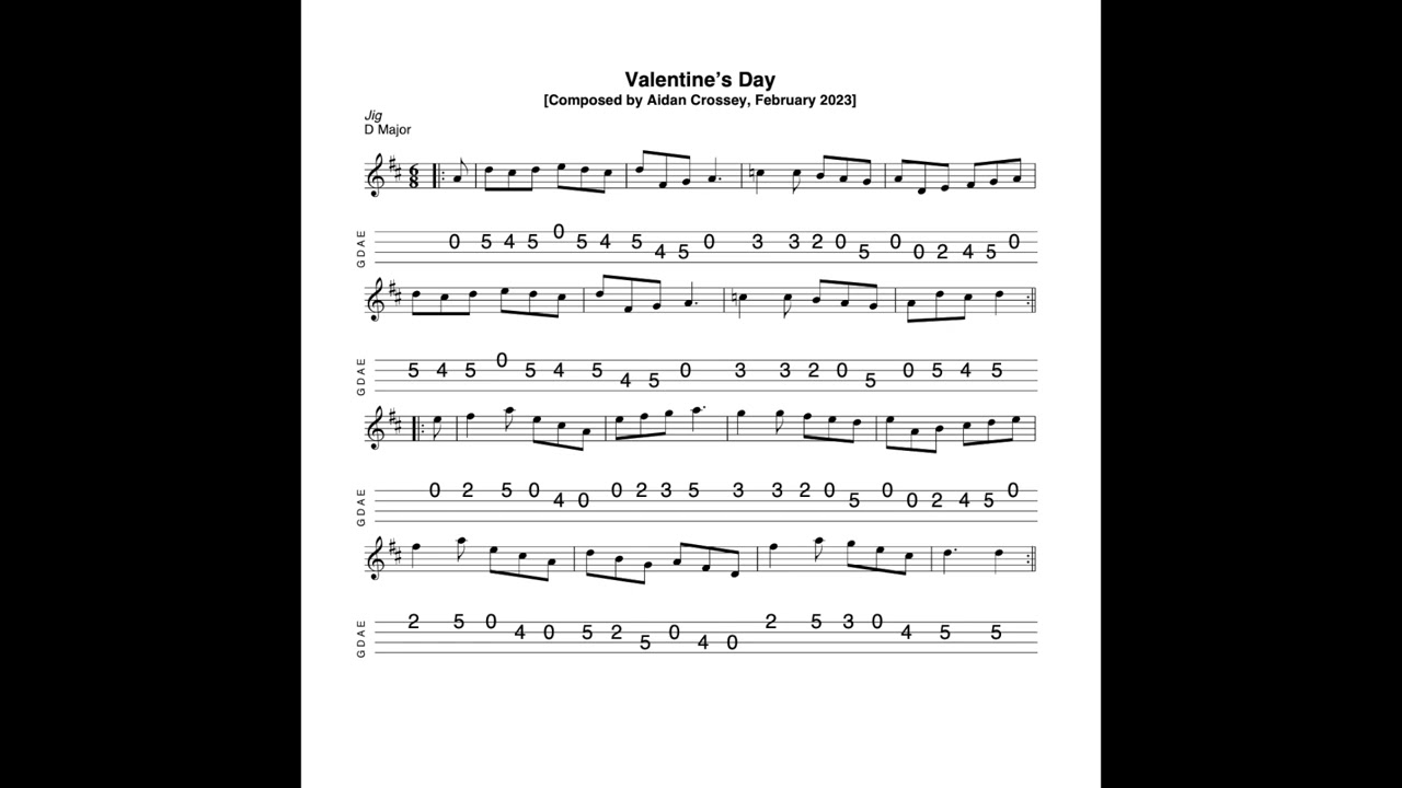 Valentine's Day REVISITED -a jig in D Major composed tabbed for mandolin and played by Aidan Crossey