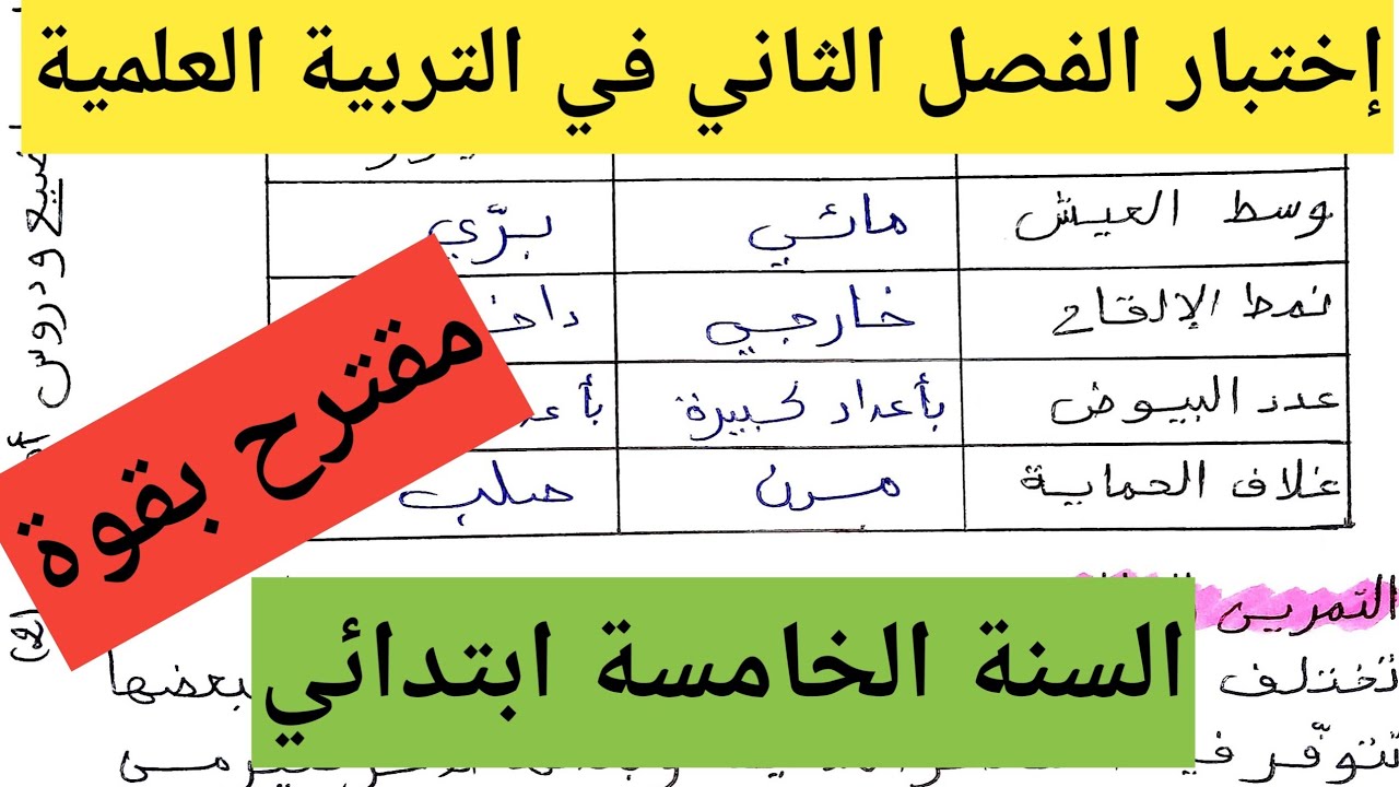 إختبار مقترح بقوة للفصل الثاني في التربية العلمية السنة الخامسة ابتدائي 