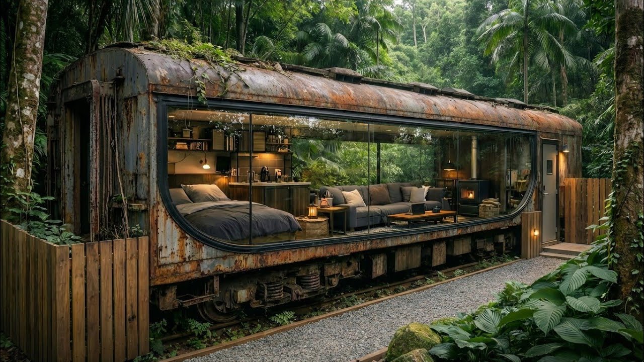 Building a Secret Home Inside an Abandoned Train (ASMR Full Process). In a terrifying forest.