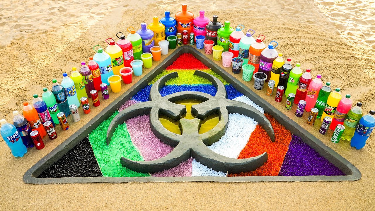 How to make Biological hazard Sign with Orbeez, Big Fanta, Coca Cola, Monster, Mentos and Sodas