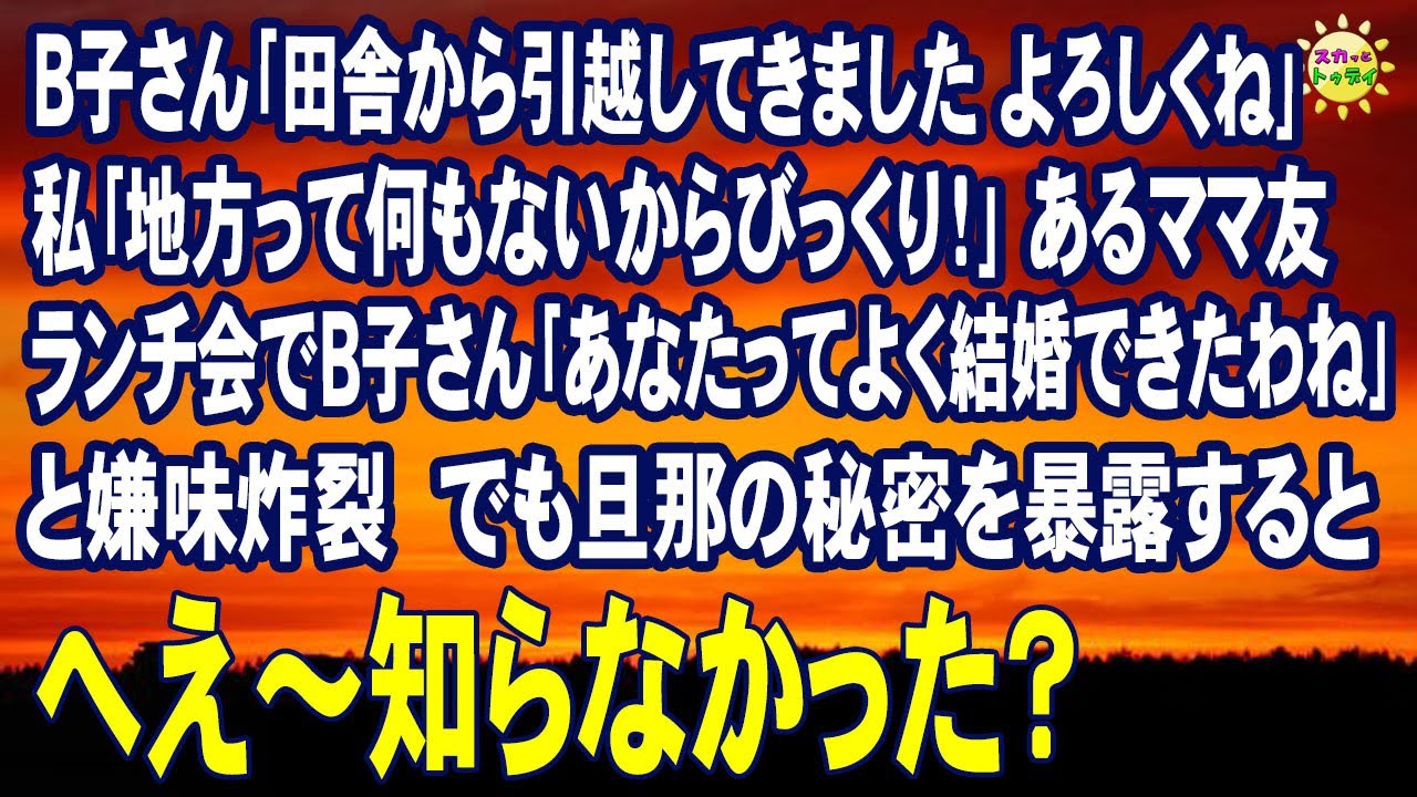 スカッとする話　Ｂ子さん｢田舎から引越してきました よろしくね｣私｢地方って何もないからびっくり！｣あるママ友ランチ会でＢ子さん｢あなたってよく結婚できたわね｣と嫌味炸裂 でも旦那の秘密を暴露すると