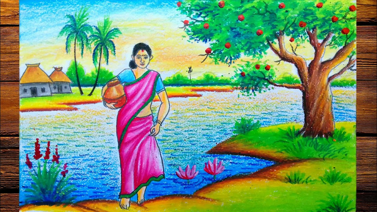 how to draw beautiful nature scenery with village woman figure||oil pastel color