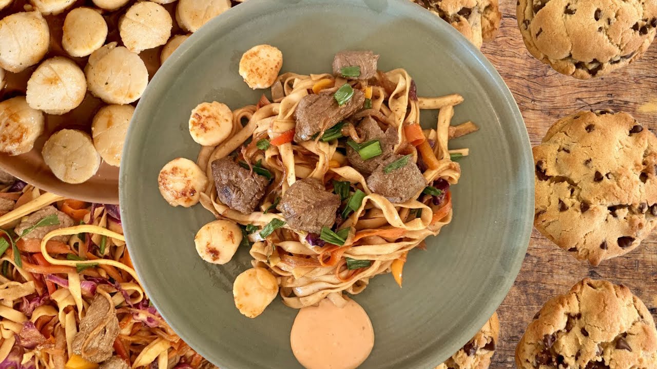 Surf and Turf Lo Mein Recipe: Top Sirloin, Pan-Seared Scallops & Veggies + Copycat Crumbl Cookies!