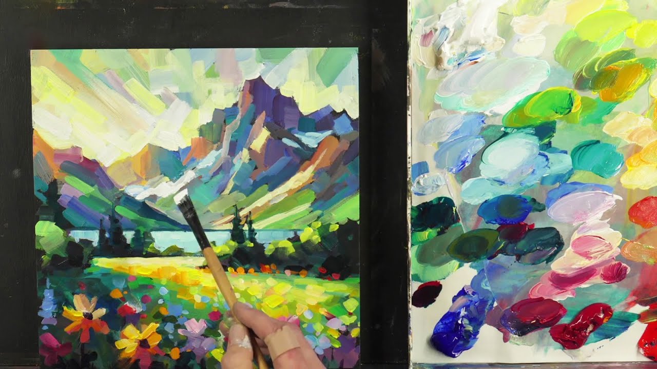 Relaxing Step-by-Step Acrylic Painting Demonstration of Mountain Lake & Wildflowers