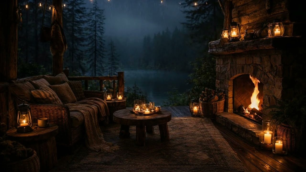 Night Cabin Ambience: Fireplace + Heavy Rain Sounds 🔥🌧️ Deep Sleep White Noise | 3 Hours