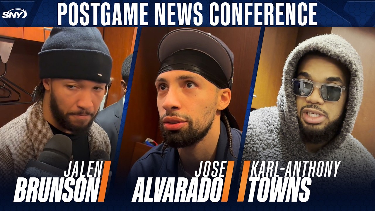 Jalen Brunson, Jose Alvarado, and Karl-Anthony Towns react after Knick's 126-111 loss to the Pistons