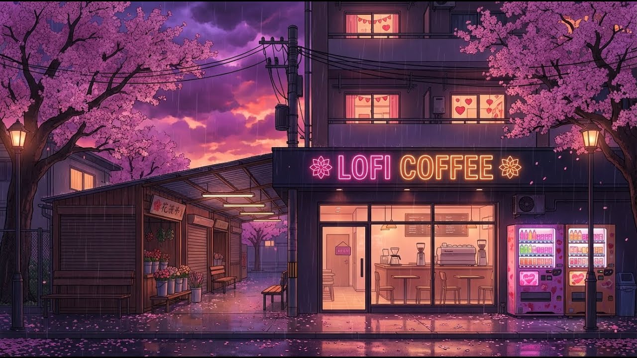 🌧️ Valentine Evening Rain Lofi Study Music 📚 Neon Sakura Flower Market Walk Coffee ☕🌸