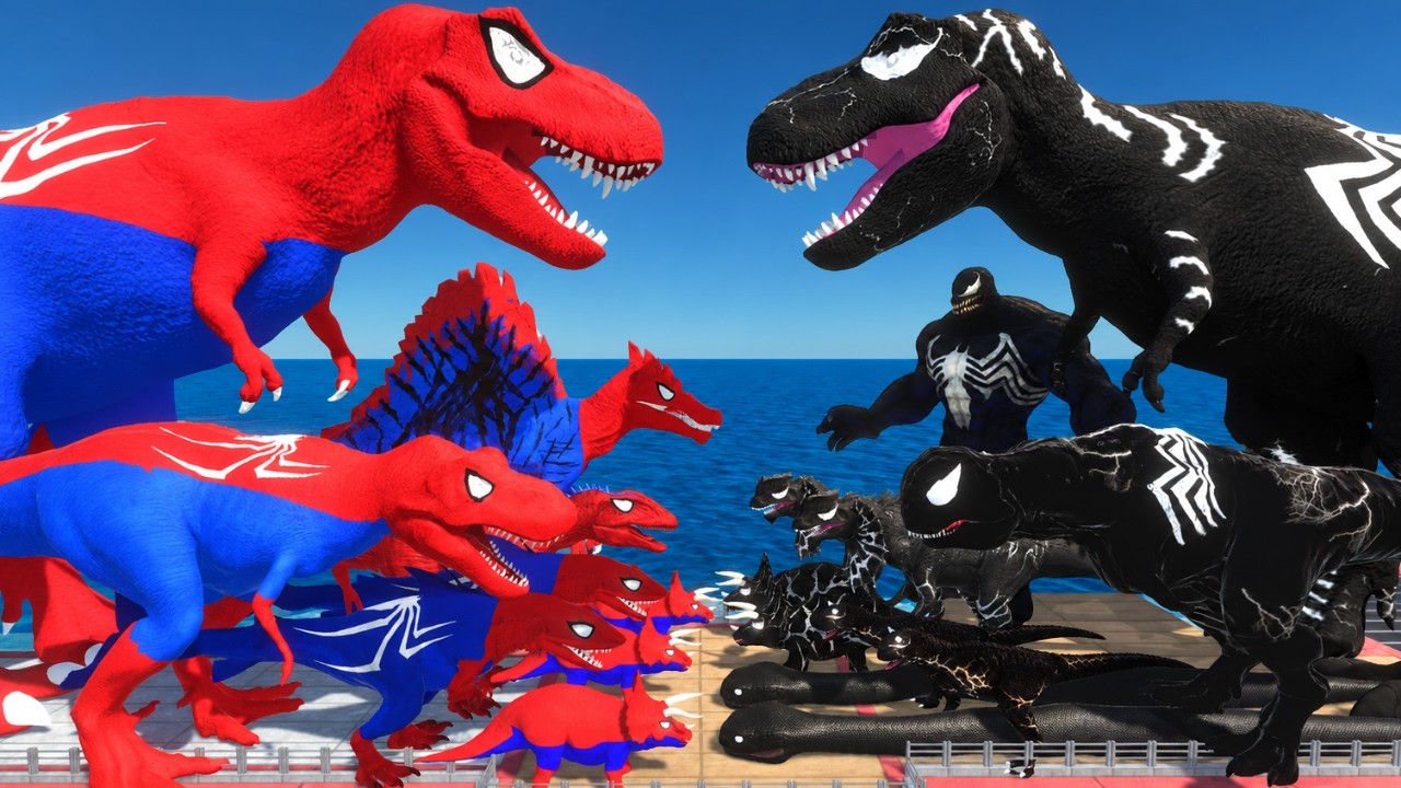 Spiderman T-Rex vs Venom T-Rex | Dinosaurs Bridge Challenge | Animal Revolt Battle Simulator