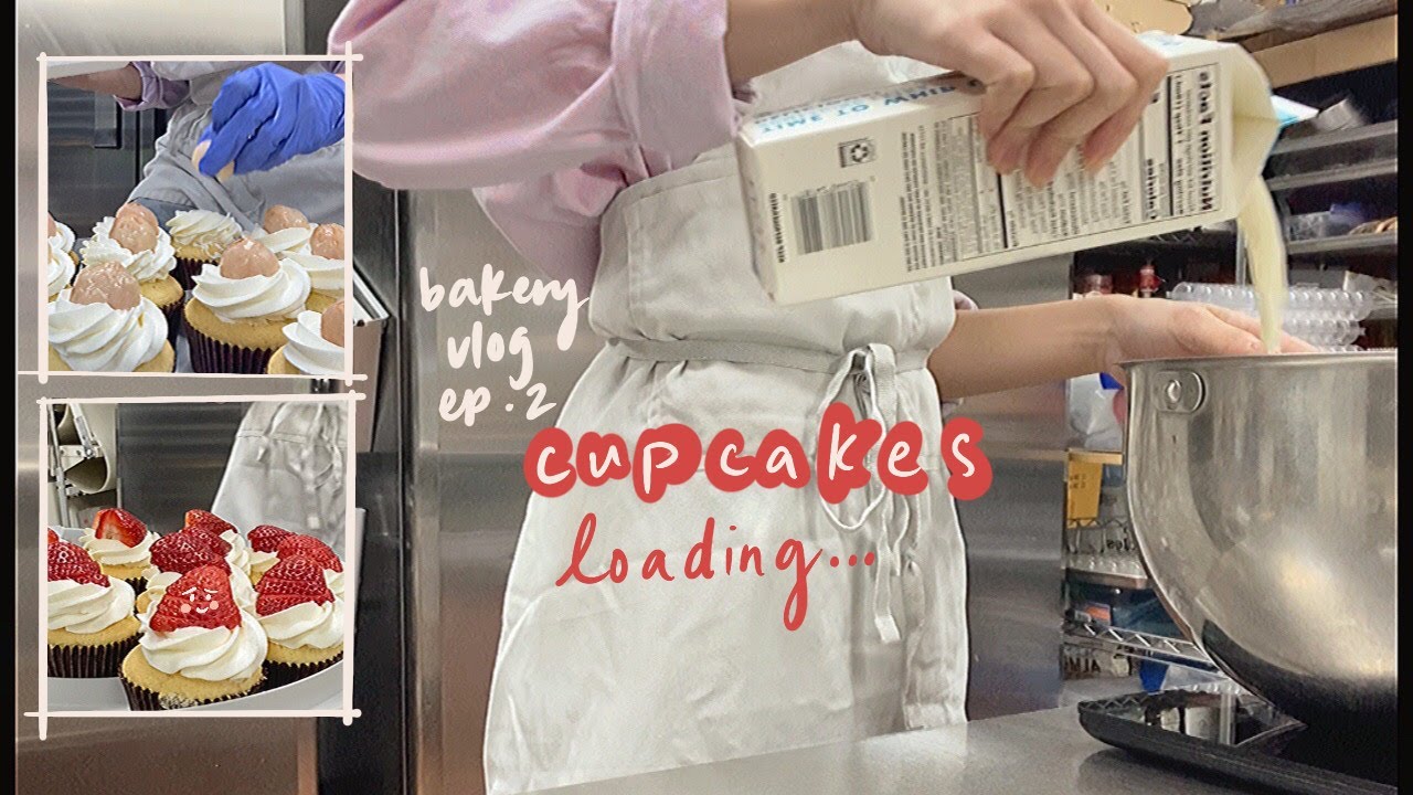bakery cafe vlog | ˗ˏˋ lychee & strawberry cupcakes ´ˎ˗ | dessert shop + baking asmr w/ bgmッ