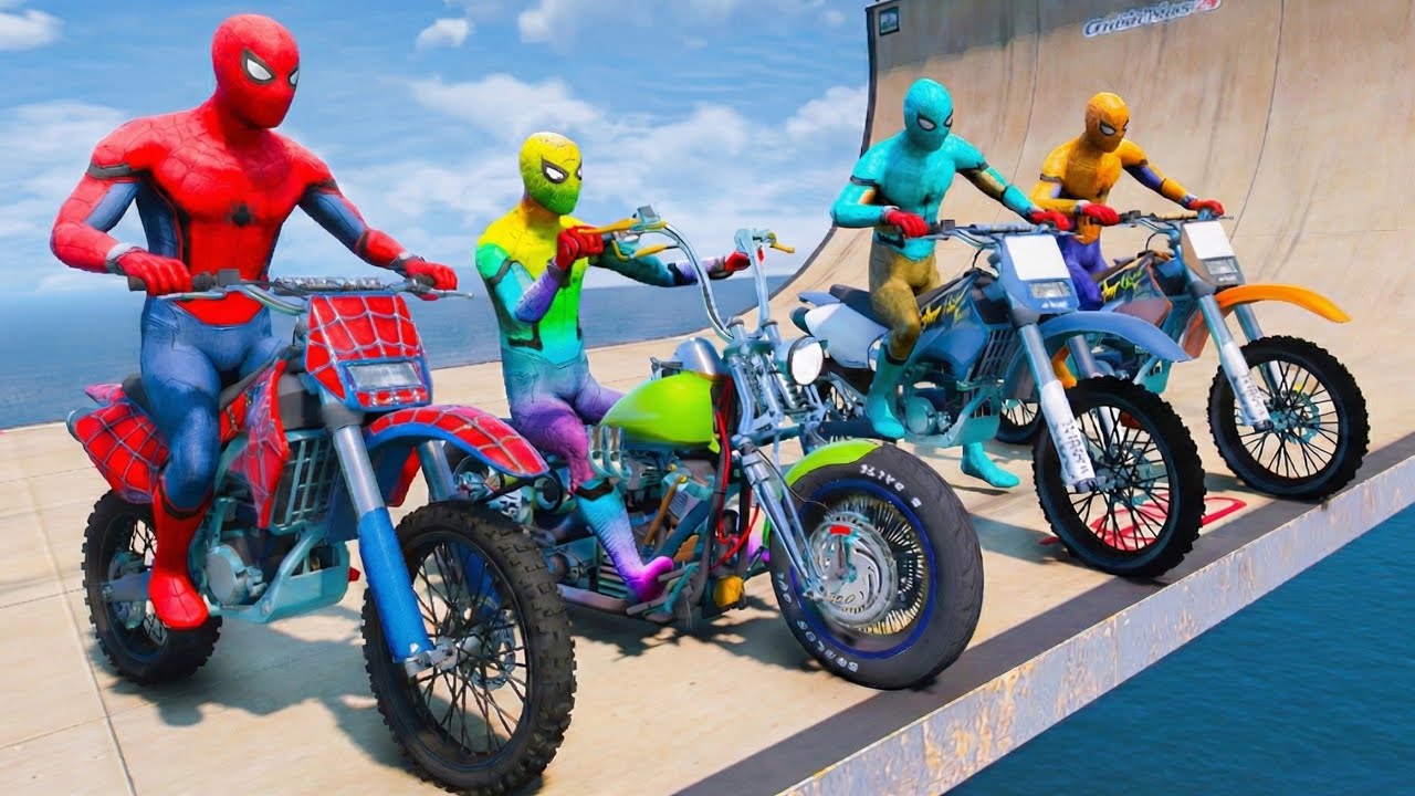 Racing Motorcycle Spiderman with Superheroes - Extreme Mega Ramp Bowling Challenge