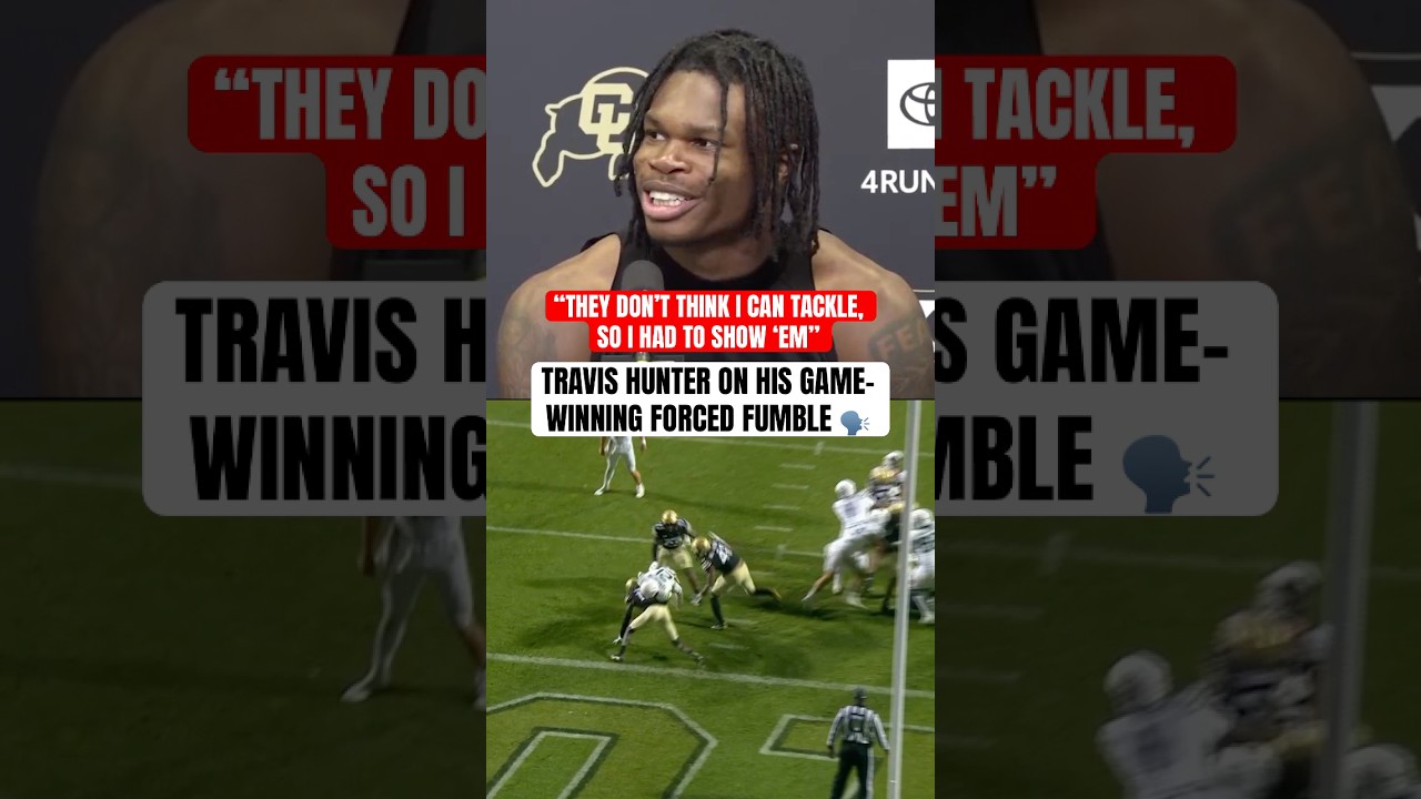 Travis Hunter reacts to his forced fumble in OT to win it for Colorado vs Baylor