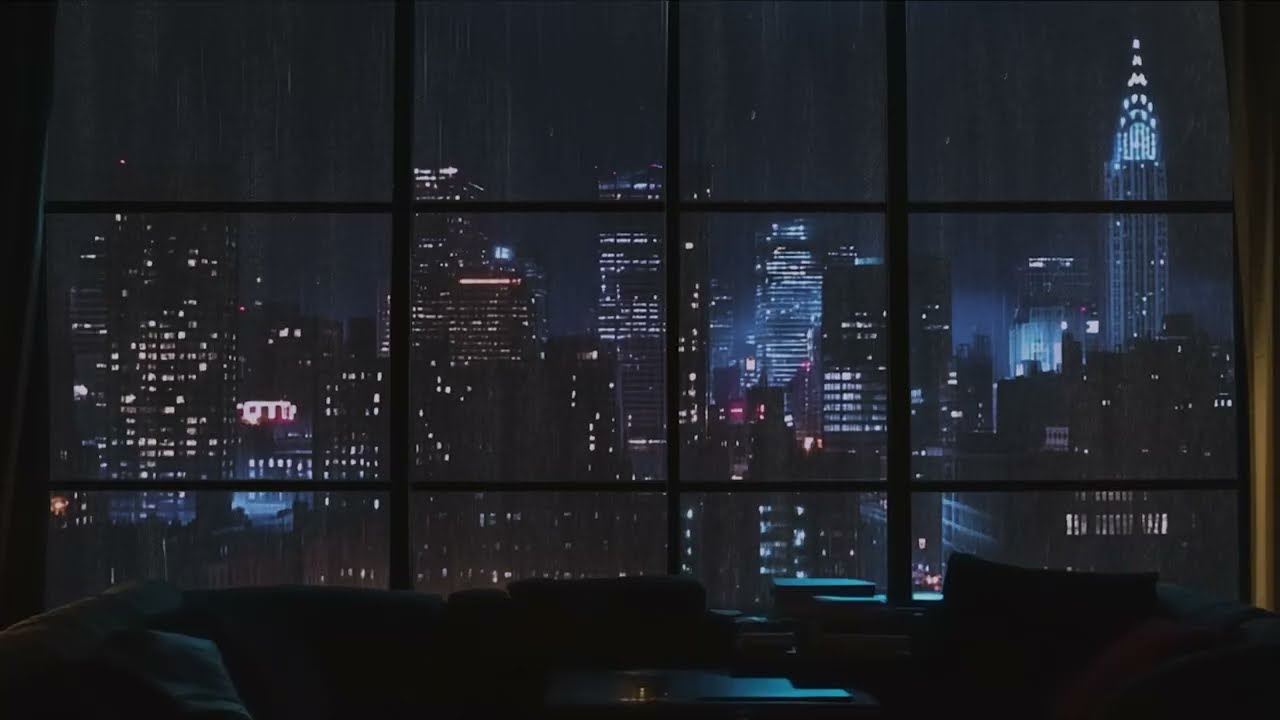 Classic NYC Apartment with Chrysler View | Heavy Rain on Window | Vintage Ambience 4K